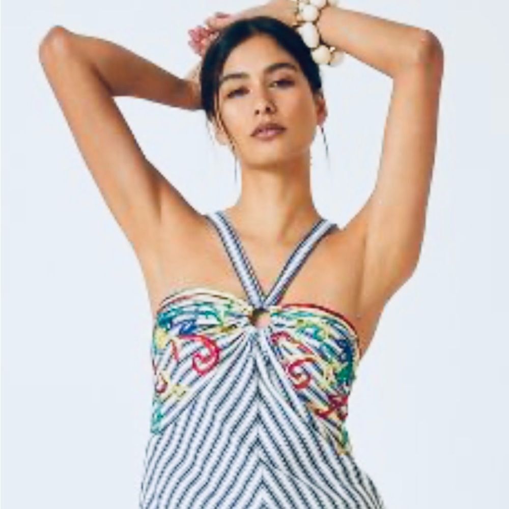 NWT Anthropologie Avril Embroidered Striped Knit Halter Size Large